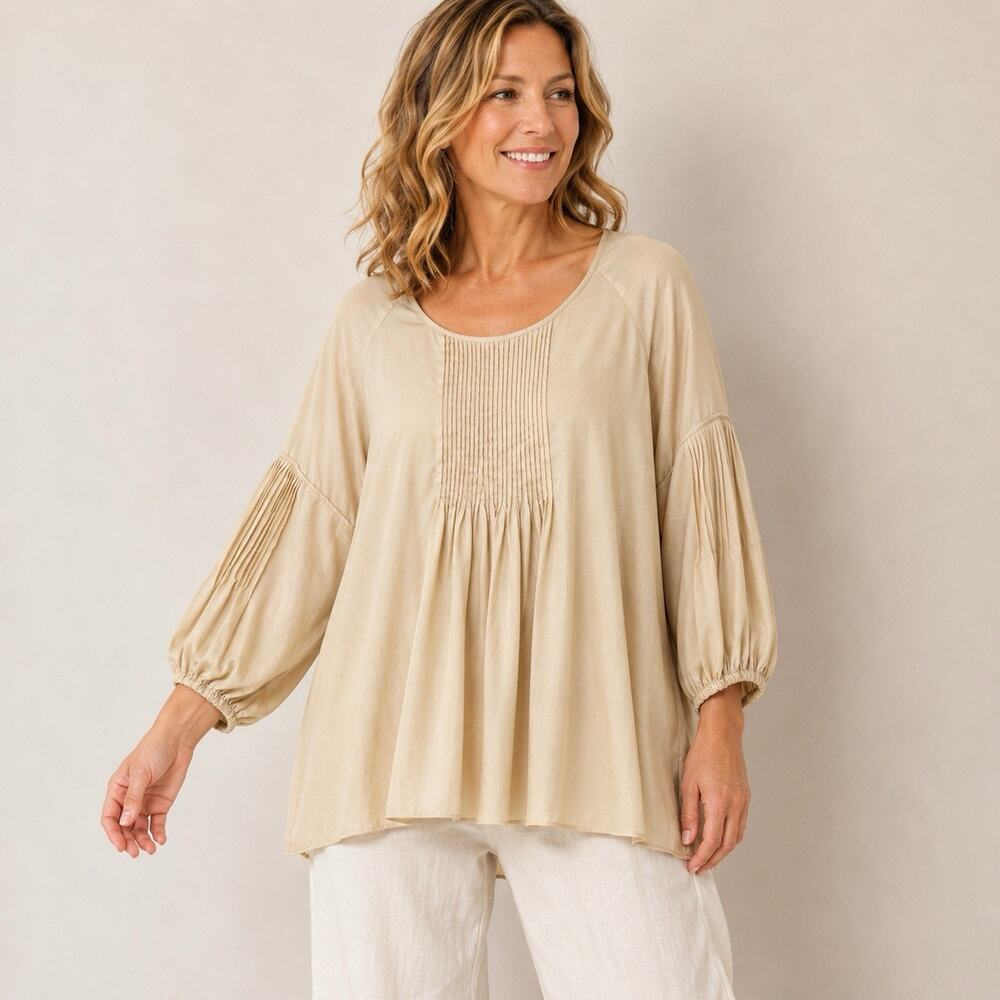 Loulou de la Falaise Silk Tunic XL Golden Ivory Pintucked Balloon Sleeve Boho
